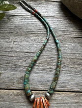Load image into Gallery viewer, Sterling Silver Orange Spiny Oyster Turquoise Heishi Jackla Bead Necklace 17”