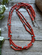 Load image into Gallery viewer, Native American Sterling Silver Multi Strand Coral Turquoise Bead Necklace 30”