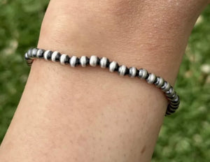 4mm 7 Inch Stretch Sterling Silver Oxidized Pearls Bead Bracelet Southwestern