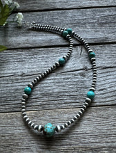 Load image into Gallery viewer, Southwestern Sterling Silver Turquoise 4mm Pearls Bead Necklace. 22 Inch. Gift