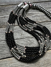 Load image into Gallery viewer, Sterling Silver Multi Strand Black Onyx Pink Conch Pearls Bead Necklace. 28 Inch
