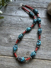 Load image into Gallery viewer, Natural Coral Kingman Turquoise Nuggets Sterling Silver Bead Necklace 18 Inch