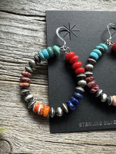 Load image into Gallery viewer, Southwestern 925 Sterling Silver Multi Stone Pearls Hoop Earrings.