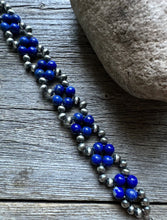 Load image into Gallery viewer, Floral Sterling Silver Blue Lapis Pearls Bead Bracelet. 7 Inch
