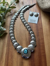 Load image into Gallery viewer, Navajo Sterling Silver Turquoise Stamped Pillow Beads Bead Necklace Earrings 22”