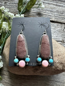 Navajo Sterling Silver Multi Stone Turquoise Pink Conch Earrings RY