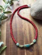 Load image into Gallery viewer, Sterling Silver Red Coral Turquoise Nuggets Bead Necklace 18 inch