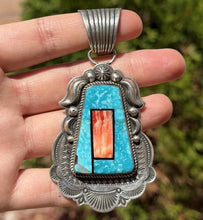 Load image into Gallery viewer, Albert Jake Navajo Sterling Silver Blue Turquoise Spiny Oyster Inlay Pendant