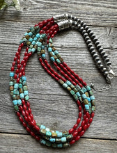 Load image into Gallery viewer, Sterling Silver Blue Green Turquoise Red Coral Pearls Bead Necklace 28 Inch