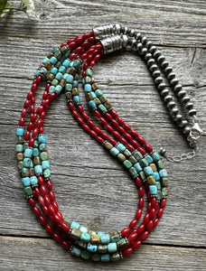 Sterling Silver Blue Green Turquoise Red Coral Pearls Bead Necklace 28 Inch