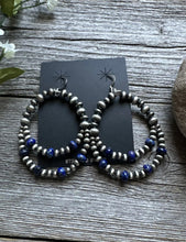 Load image into Gallery viewer, Southwestern Sterling Silver Blue Lapis Pearls Double Loop Earrings 2.5 Inch