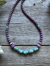 Load image into Gallery viewer, Southwestern 925 Sterling Silver Dyed Sugilite W Turquoise Bead Necklace 18 inch