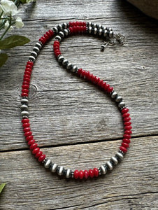 Southwestern 925 Sterling Silver Red Coral 6mm Pearls Bead Necklace 18 Inch