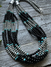 Load image into Gallery viewer, Sterling Silver Multi Strand Black Onyx with Turquoise Bead Necklace. 30 Inch