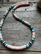 Load image into Gallery viewer, Sterling Silver Pink Conch Blue Turquoise Bead Necklace 20 Inch. Gift
