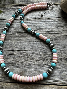 Sterling Silver Pink Conch Blue Turquoise Bead Necklace 20 Inch. Gift