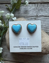 Load image into Gallery viewer, Navajo Sterling Silver Blue Turquoise Heart Stud Earrings. Gift