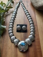 Load image into Gallery viewer, Navajo Sterling Silver Turquoise Stamped Pillow Beads Bead Necklace Earrings 22”