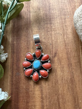 Load image into Gallery viewer, Navajo Sterling Silver Red Coral Turquoise Cluster Pendant LY