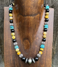 Load image into Gallery viewer, Sterling Silver Multi Stone Turquoise Onyx BumblebeeJasper Bead Necklace 18 inch