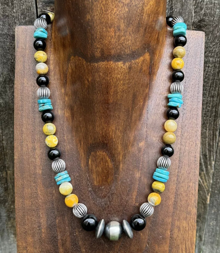 Sterling Silver Multi Stone Turquoise Onyx BumblebeeJasper Bead Necklace 18 inch