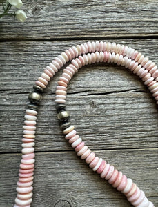 Long Southwestern Sterling Silver Graduated Pink Conch Bead Necklace. 30 Inch