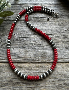 Southwestern 925 Sterling Silver Red Coral 6mm Pearls Bead Necklace 18 Inch