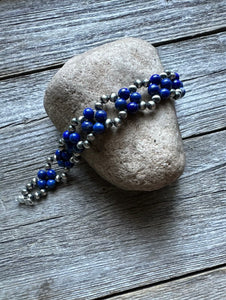 Floral Sterling Silver Blue Lapis Pearls Bead Bracelet. 7 Inch
