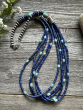 Load image into Gallery viewer, Sterling Silver Multi Strand Stone Lapis Turquoise Bead Necklace. 28 inch