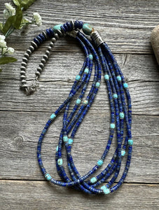 Sterling Silver Multi Strand Stone Lapis Turquoise Bead Necklace. 28 inch