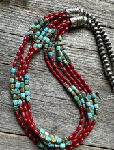 Load image into Gallery viewer, Sterling Silver Blue Green Turquoise Red Coral Pearls Bead Necklace 28 Inch