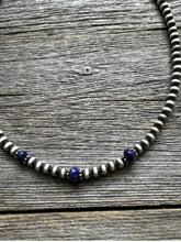 Load image into Gallery viewer, Sterling Silver 4mm Pearls with Lapis Bead Necklace Choker. 14 inch