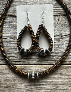 Sterling Silver Tigers Eye Bead Necklace W Earrings Set. Gift 18 Inch