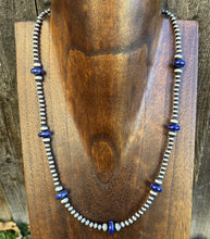 Load image into Gallery viewer, Southwestern Sterling Silver Lapis 4mm Pearls Bead Necklace. 18 Inch. Gift