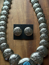 Load image into Gallery viewer, Navajo Sterling Silver Turquoise Stamped Pillow Beads Bead Necklace Earrings 22”