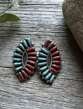 Load image into Gallery viewer, Navajo Native American Sterling Silver Turquoise Coral Cluster Stud Earrings J
