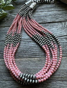 Sterling Silver Multi Strand Pink Coral W Pearls Bead Necklace 24 Inch