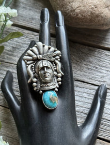 Navajo Sterling Silver Turquoise Indian Chief Head Adjustable Ring Russell Sam