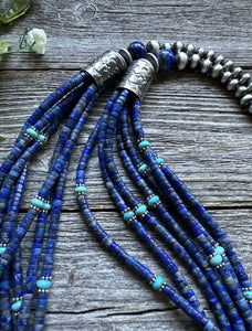 Sterling Silver Multi Strand Stone Lapis Turquoise Bead Necklace. 30 inch