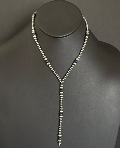 Sterling Silver Lapis W Pearls Bead Lariat Y Necklace. 26 inch