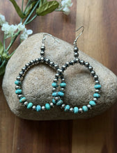 Load image into Gallery viewer, Southwestern Sterling Silver Turquoise Pearls Bead Hoop Earrings. Gift 3.25 Inch