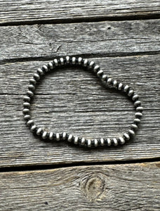 4mm 7 Inch Stretch Sterling Silver Oxidized Pearls Bead Bracelet Southwestern