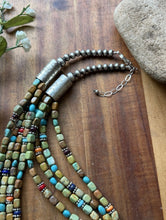 Load image into Gallery viewer, Sterling Silver Multi Strand Stone Blue Green Turquoise Nuggets Bead Necklace 24