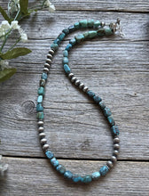 Load image into Gallery viewer, Sterling Silver Blue Green Turquoise W Pearls Bead Necklace. 18 inch