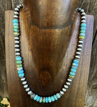 Load image into Gallery viewer, Sterling Silver Blue Green Turquoise Bead Necklace. 18 inch