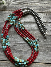 Load image into Gallery viewer, Sterling Silver Blue Green Turquoise Red Coral Pearls Bead Necklace 28 Inch