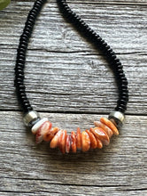 Load image into Gallery viewer, Mens Sterling Silver Black Onyx Orange Spiny Oyster Bead Necklace. 18 Inch