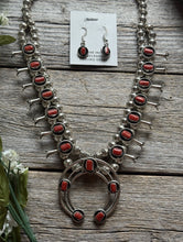 Load image into Gallery viewer, Mini Squash Blossom Sterling Silver Red Coral Shadow Box Necklace Set 22 Inch