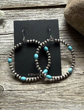 Load image into Gallery viewer, Southwestern Sterling Silver Turquoise Pearls Bead Hoop Earrings 2.5 Inch