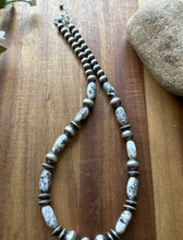 Load image into Gallery viewer, Sterling Silver White Buffalo Turquoise Nuggets W Pearls Bead Necklace. 18 inch